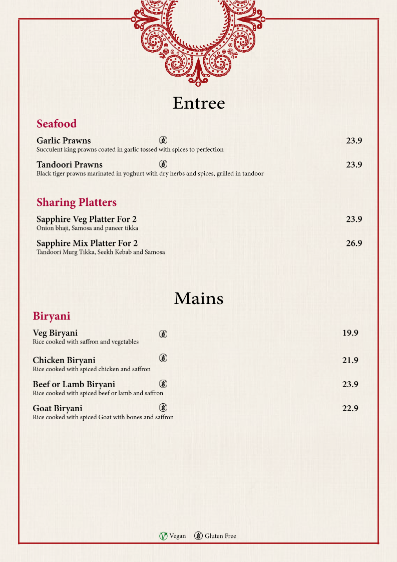Menu, Sapphire Indian Restaurant