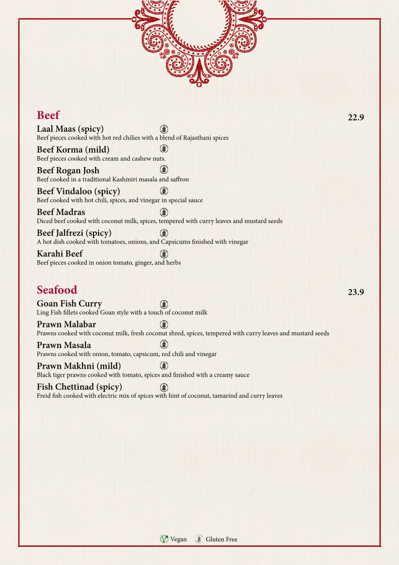 Menu, Sapphire Indian Restaurant