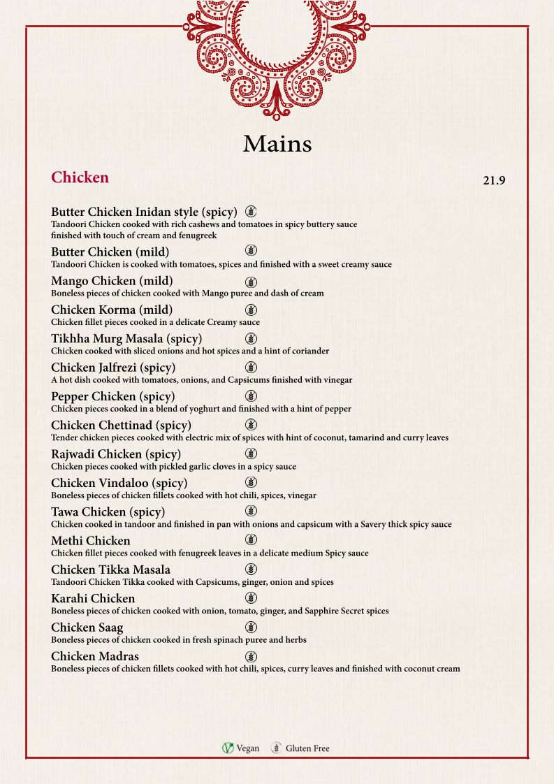 Menu, Sapphire Indian Restaurant