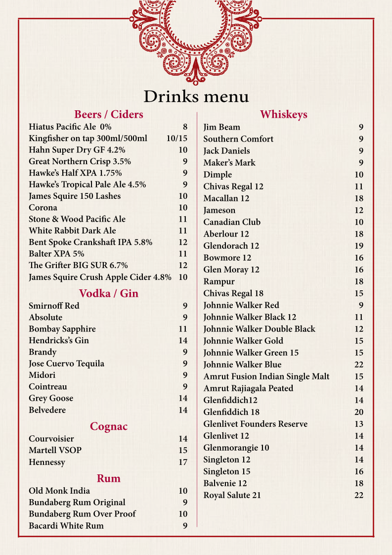 Menu, Sapphire Indian Restaurant