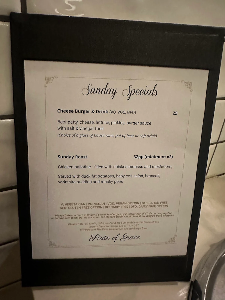Menu, State of Grace