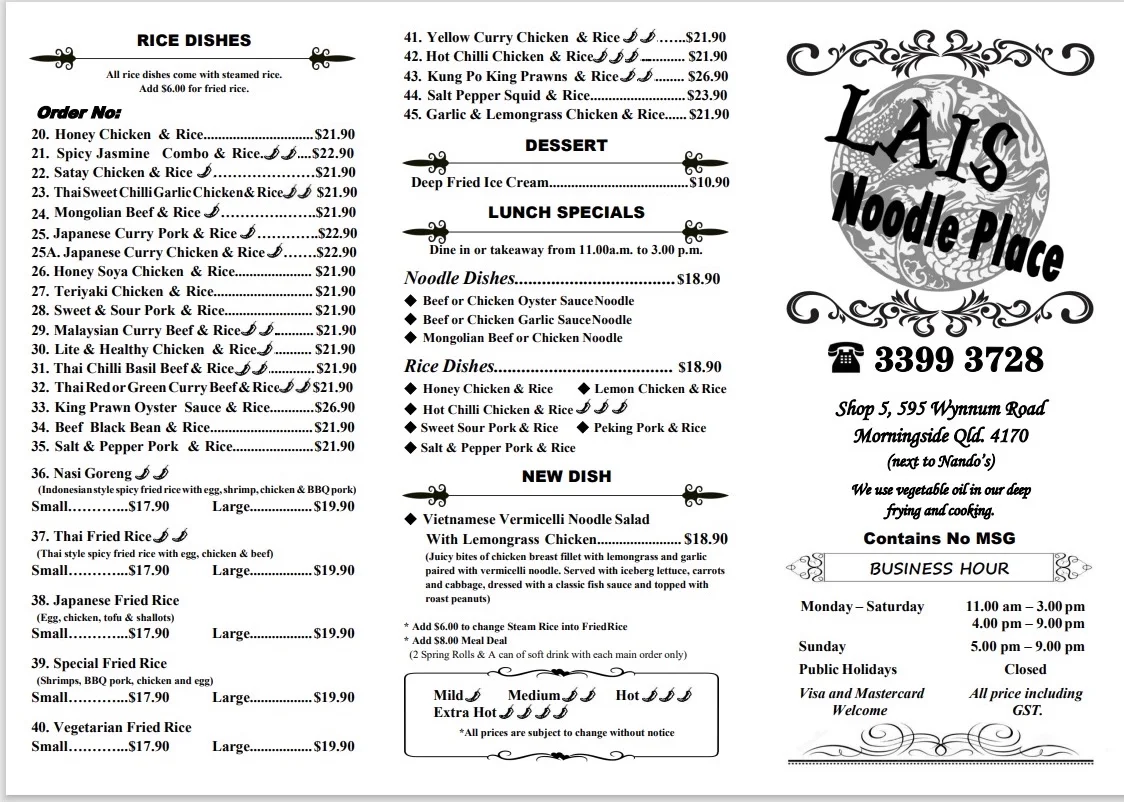 Menu, Lais Noodle Place