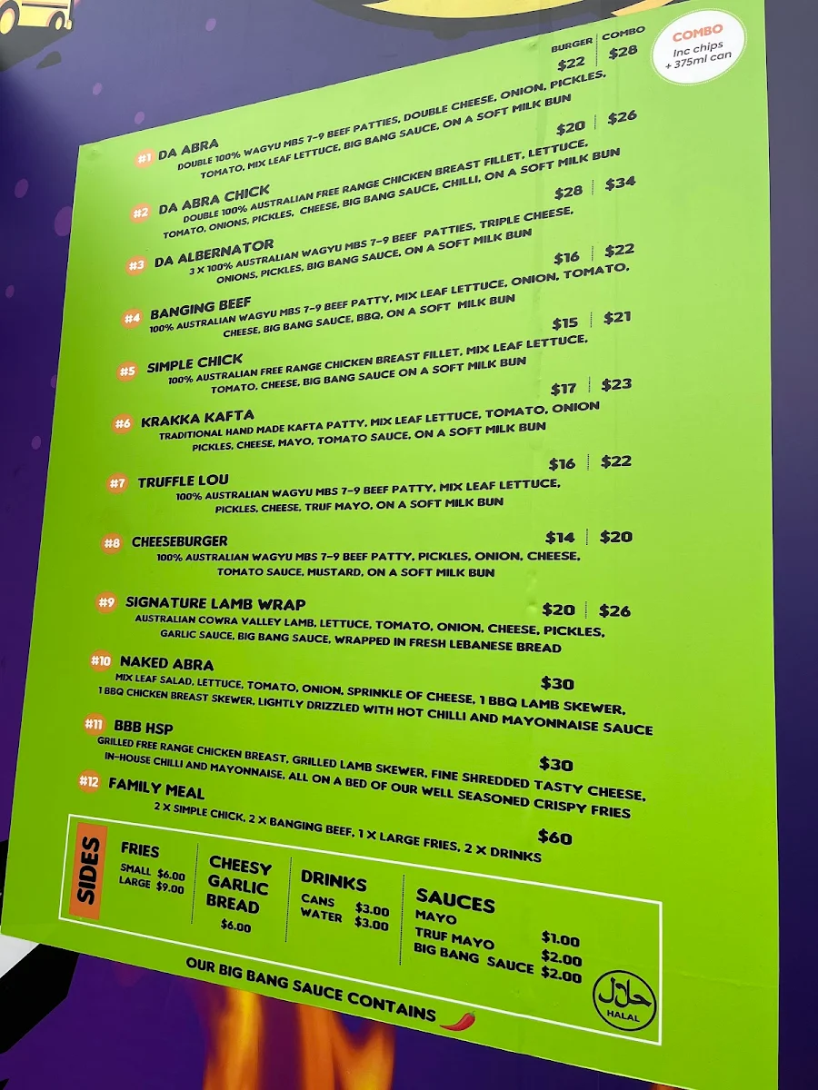 Menu, Big Bang Burgers!