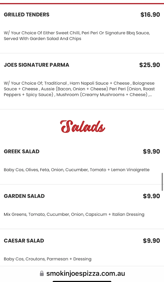 Menu, Smokin Joe's Pizza & Grill - Melton (High Street)