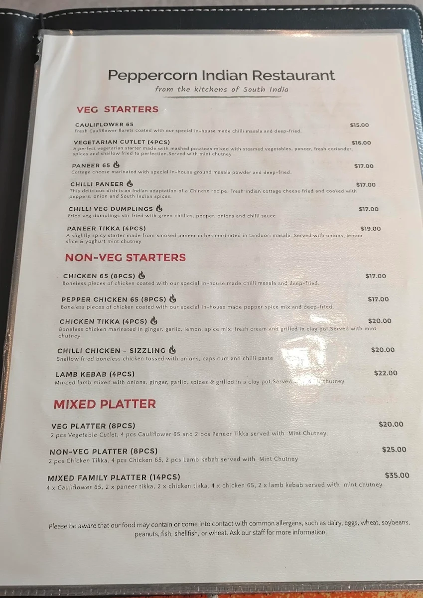 Menu, Peppercorn Indian Restaurant