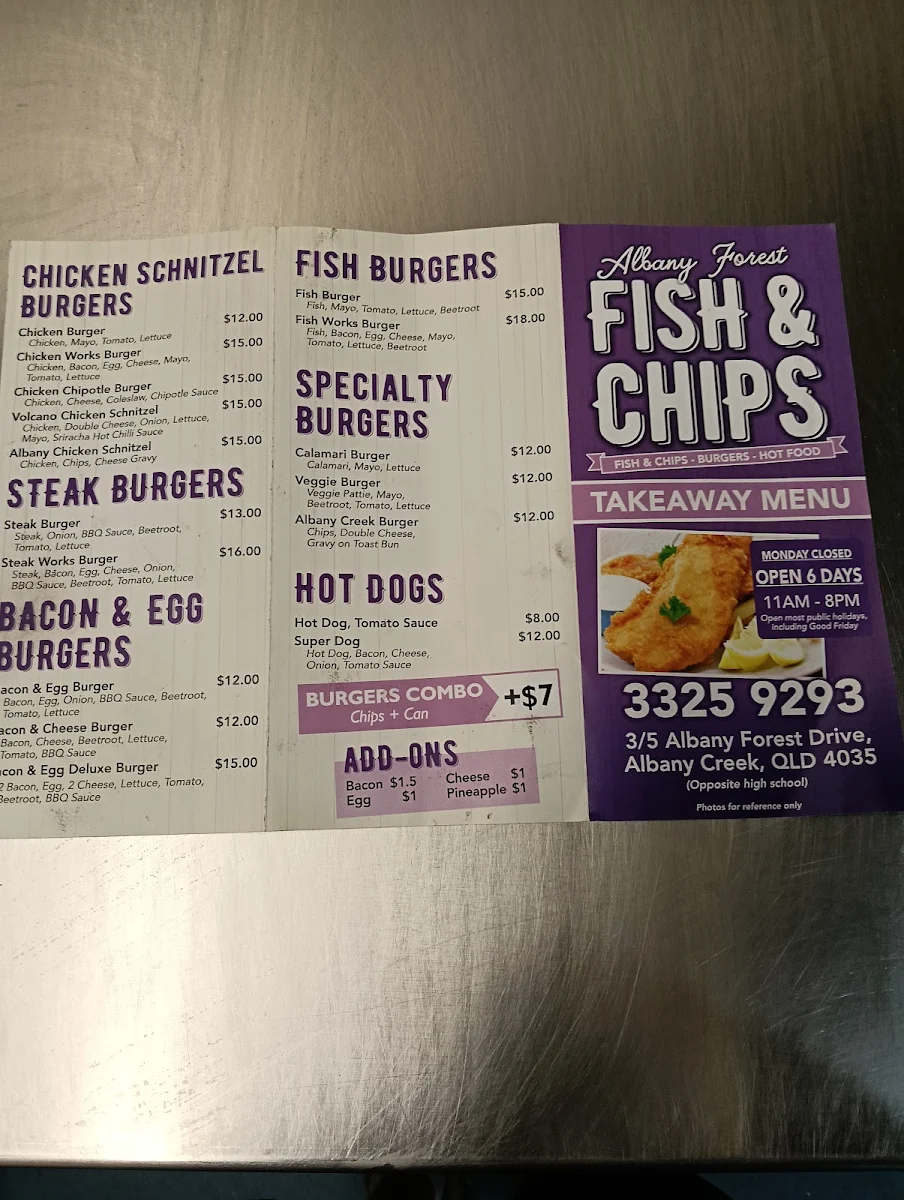Menu, Albany Forest Fish & Chips