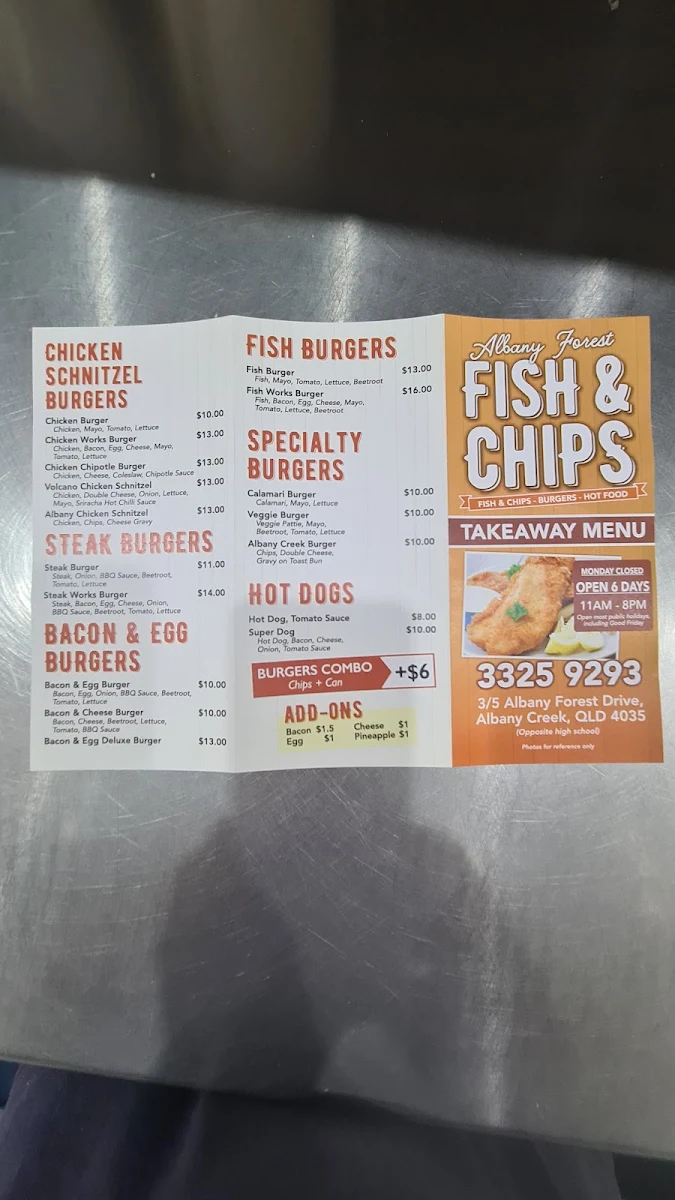 Menu, Albany Forest Fish & Chips