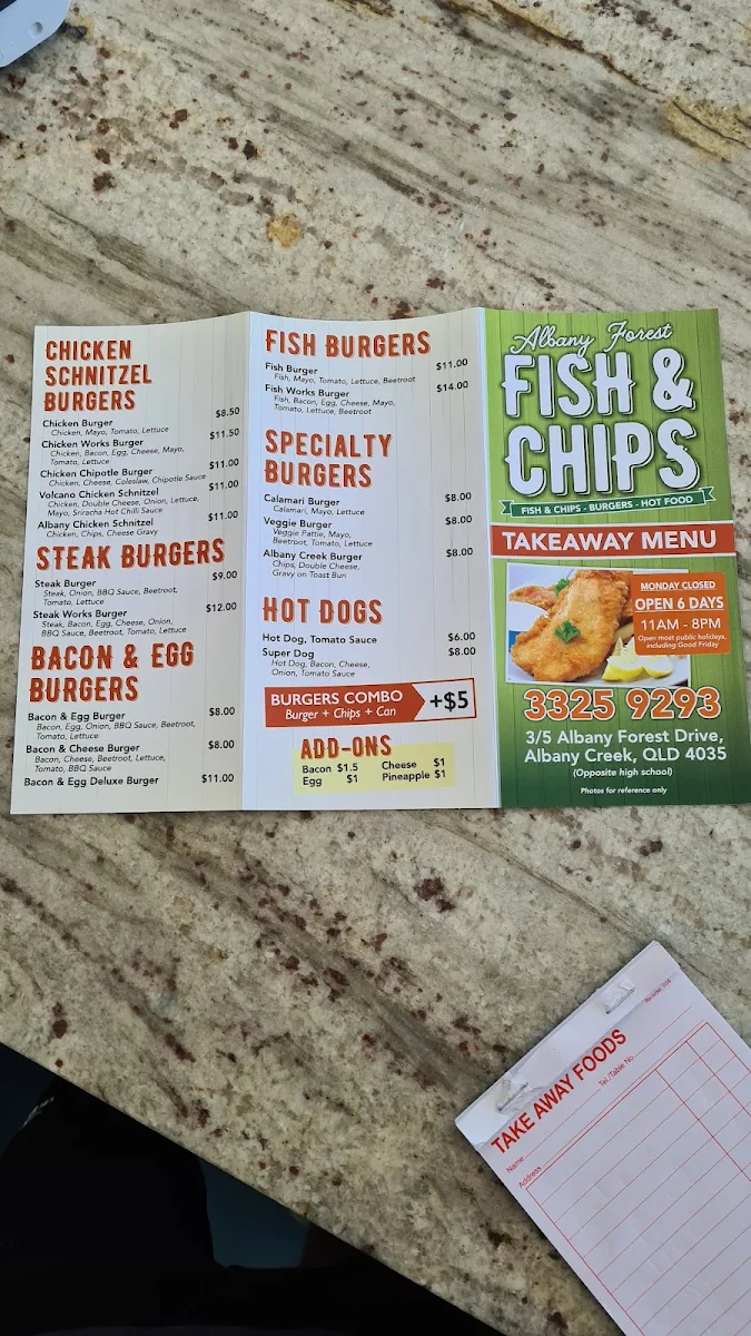 Menu, Albany Forest Fish & Chips