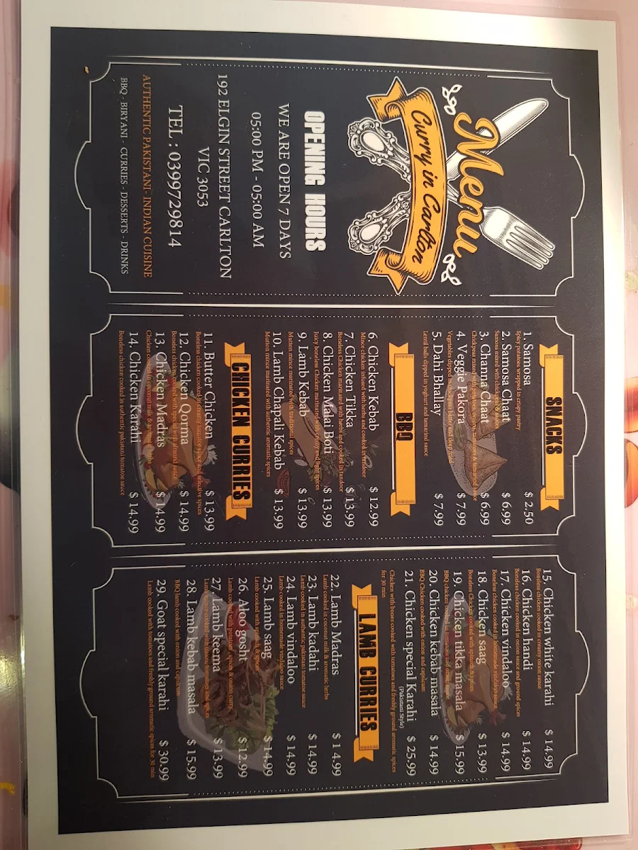 Menu, Curry in Carlton