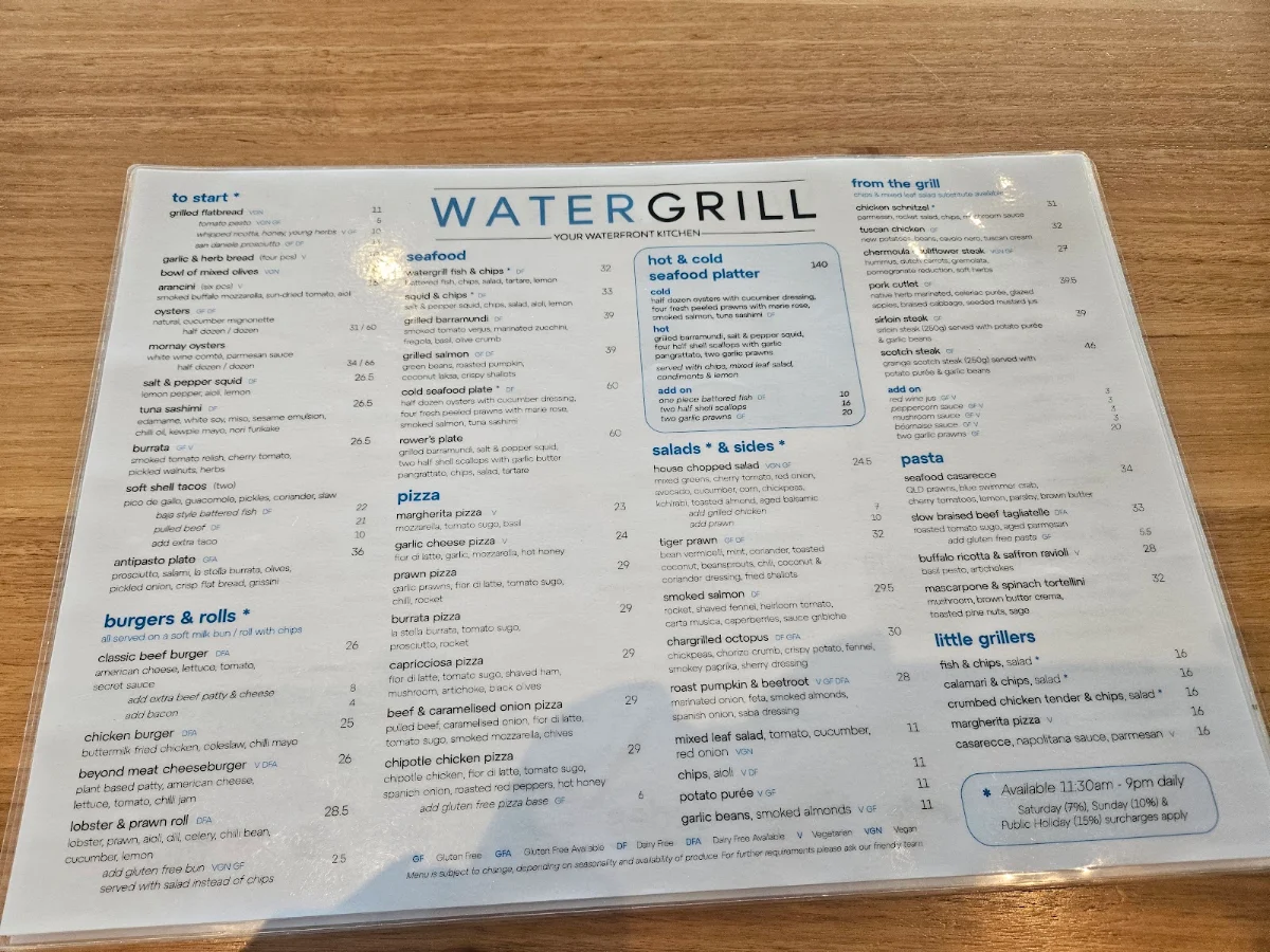Menu, Watergrill, Sydney Rowing Club