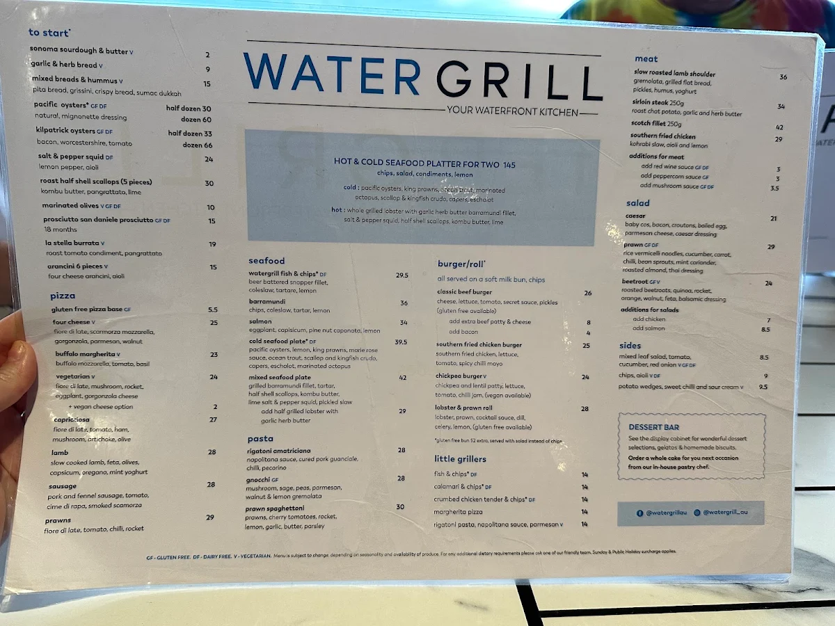 Menu, Watergrill, Sydney Rowing Club