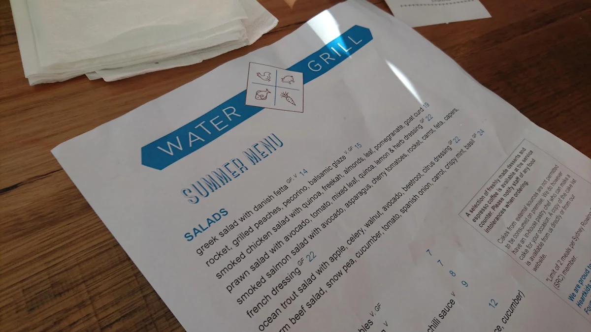 Menu, Watergrill, Sydney Rowing Club