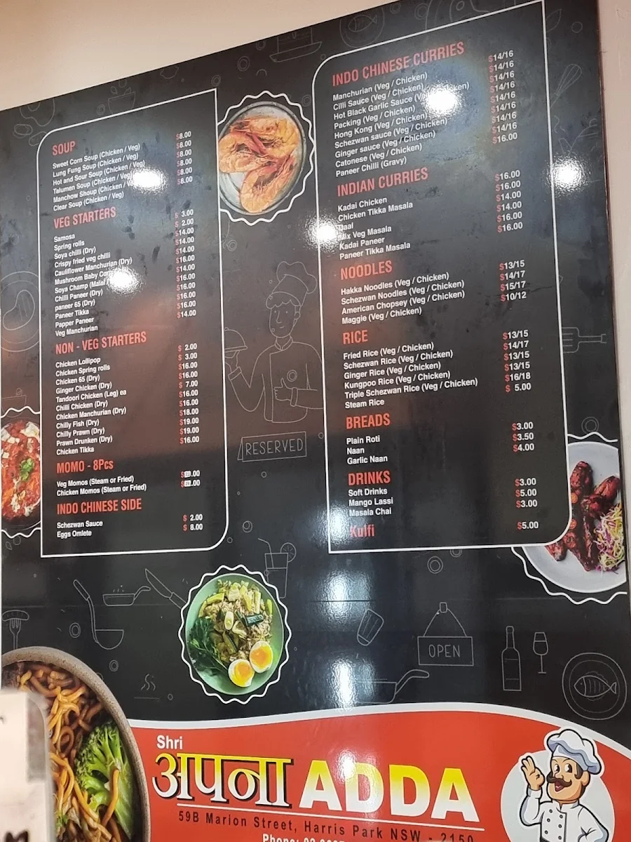 Menu, Shri Apna Adda Harris Park