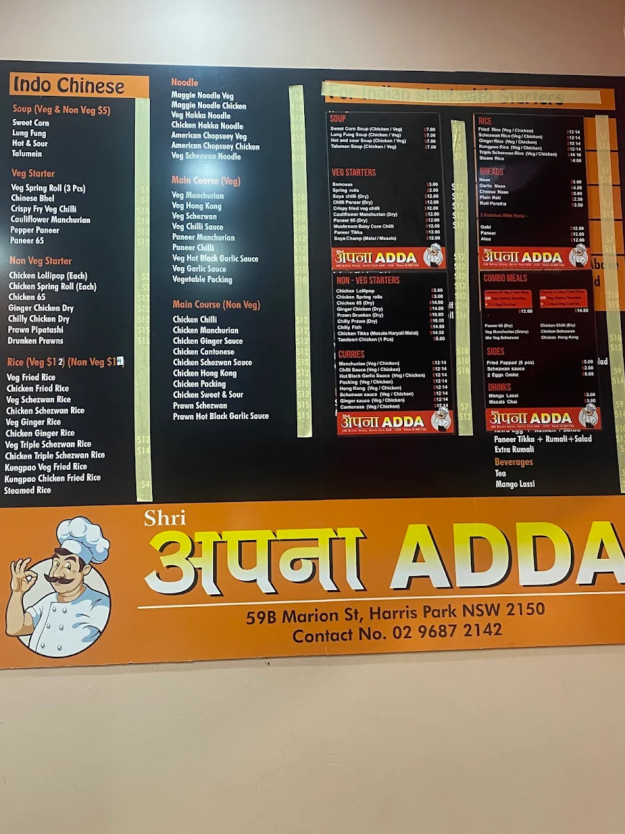 Menu, Shri Apna Adda Harris Park