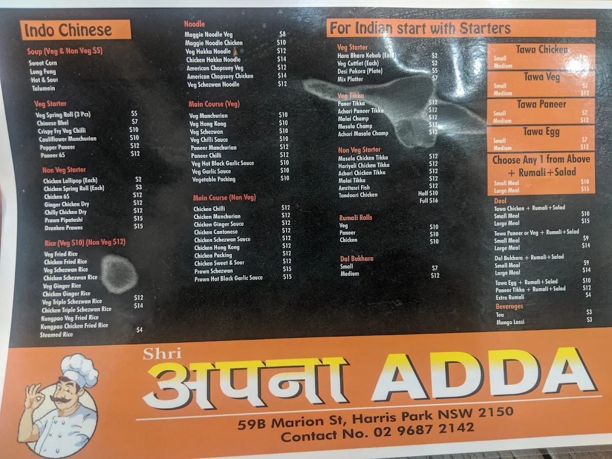 Menu, Shri Apna Adda Harris Park