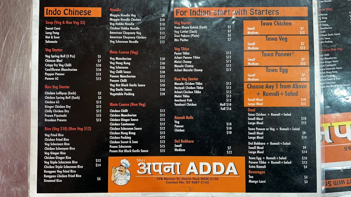 Menu, Shri Apna Adda Harris Park