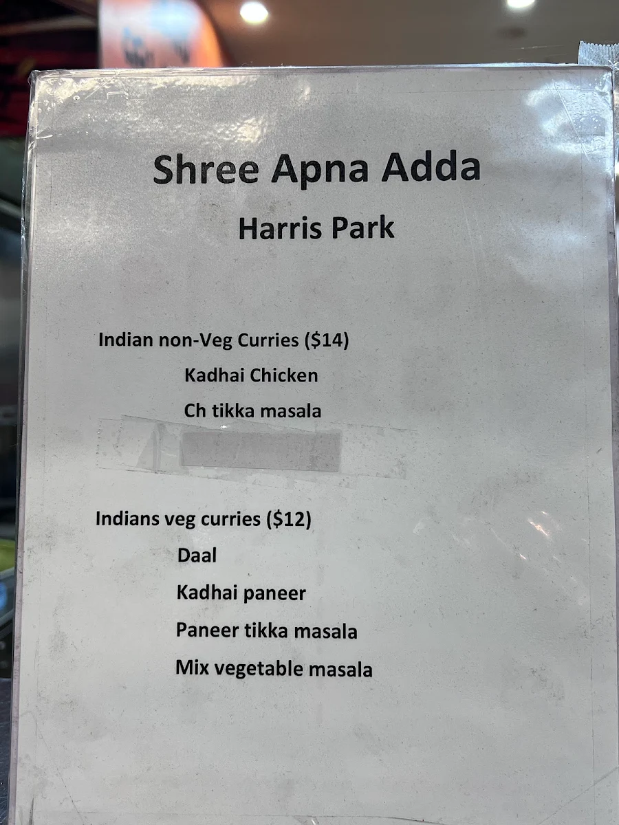 Menu, Shri Apna Adda Harris Park