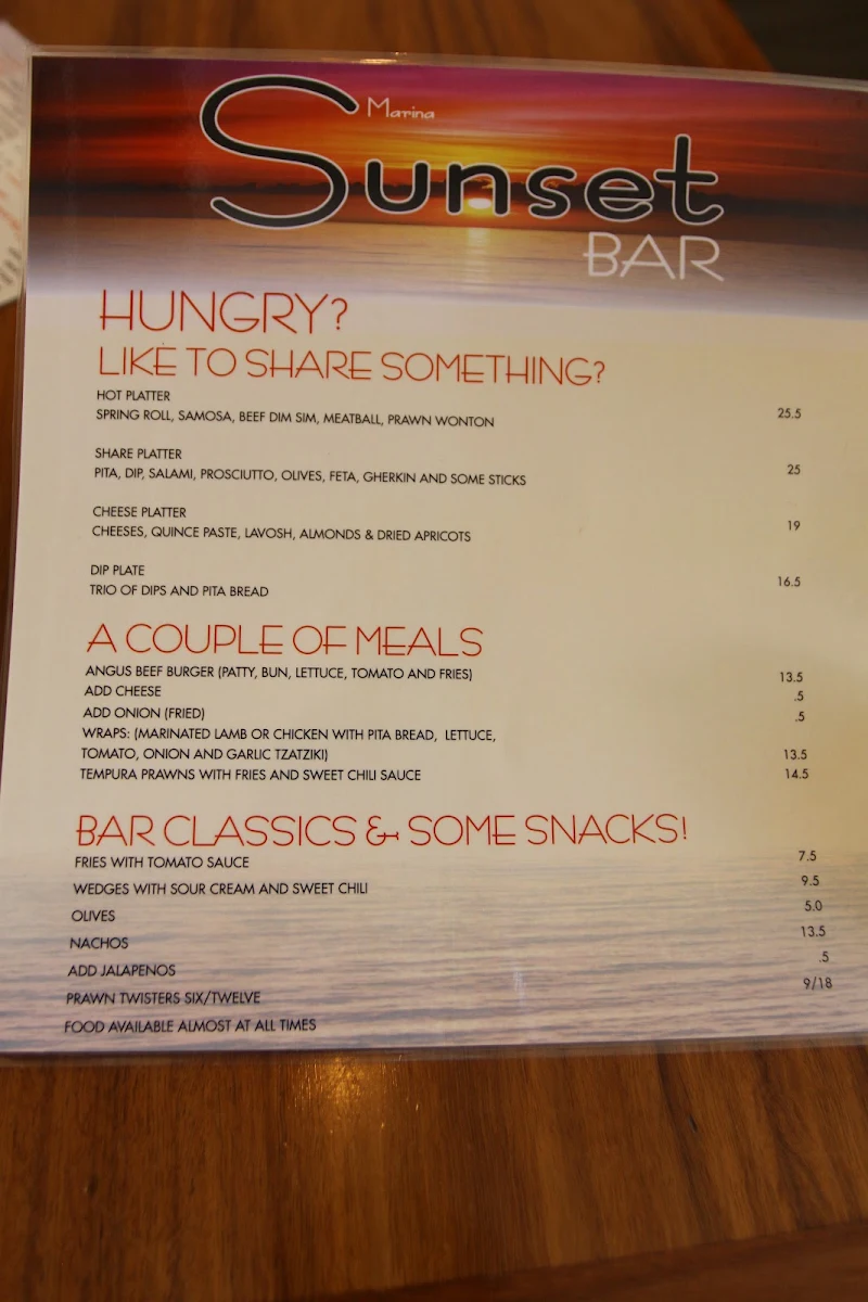 Menu, Marina Sunset Bar