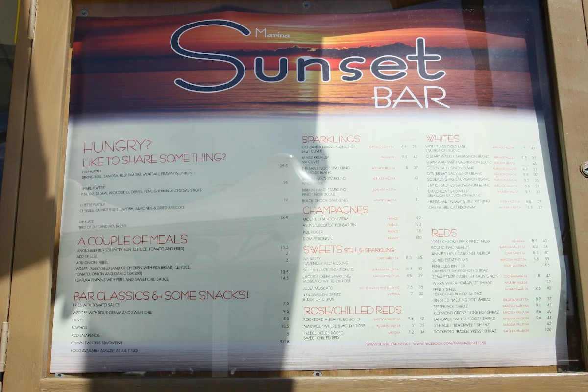 Menu, Marina Sunset Bar