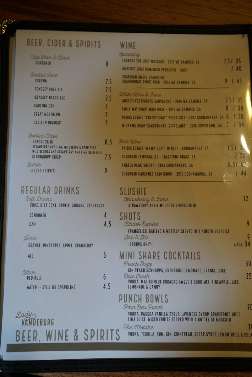 Menu, Lady Vandeburg