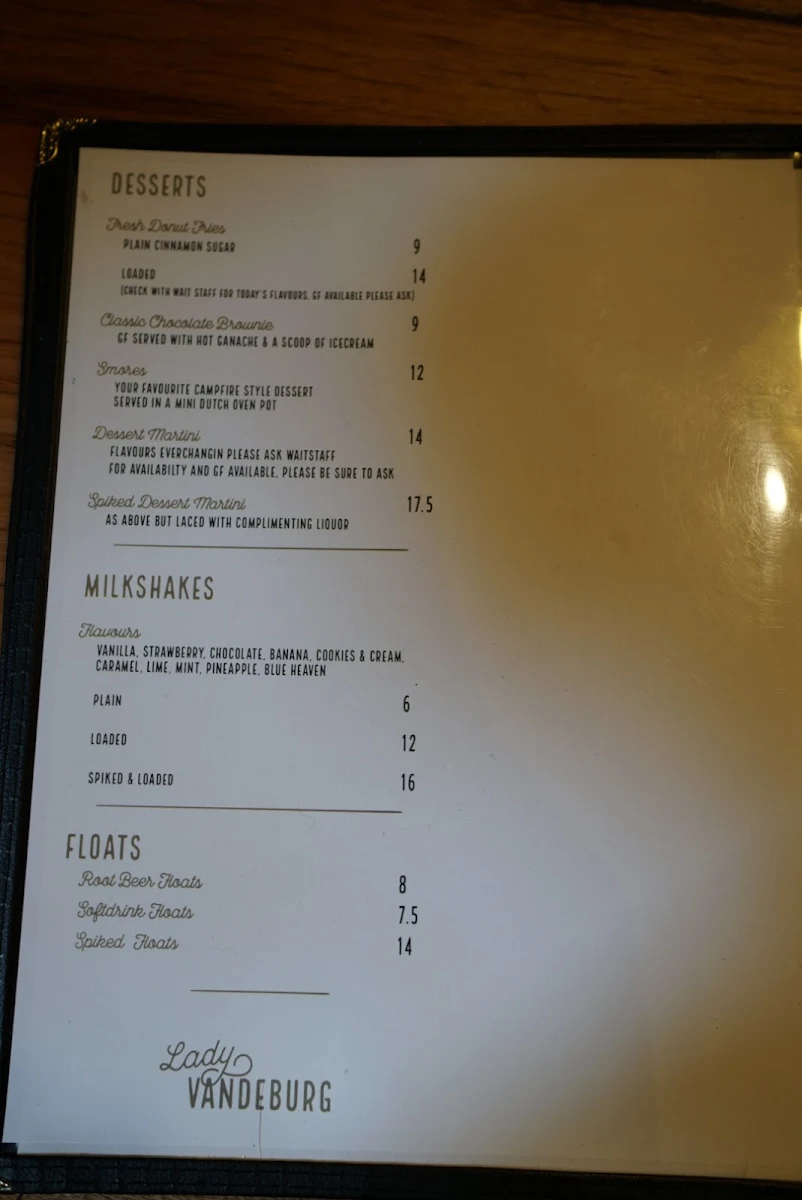 Menu, Lady Vandeburg