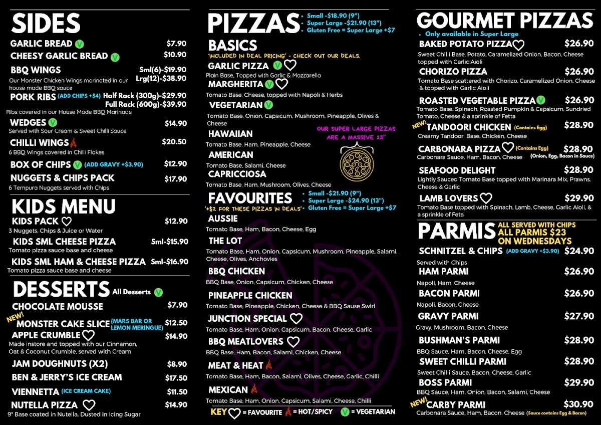 Menu, Junction Pizza Wodonga