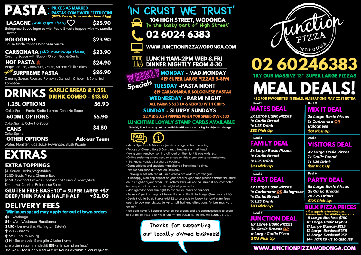 Menu, Junction Pizza Wodonga
