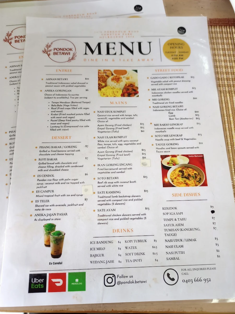 Menu, Pondok Betawi Indonesian Restaurant