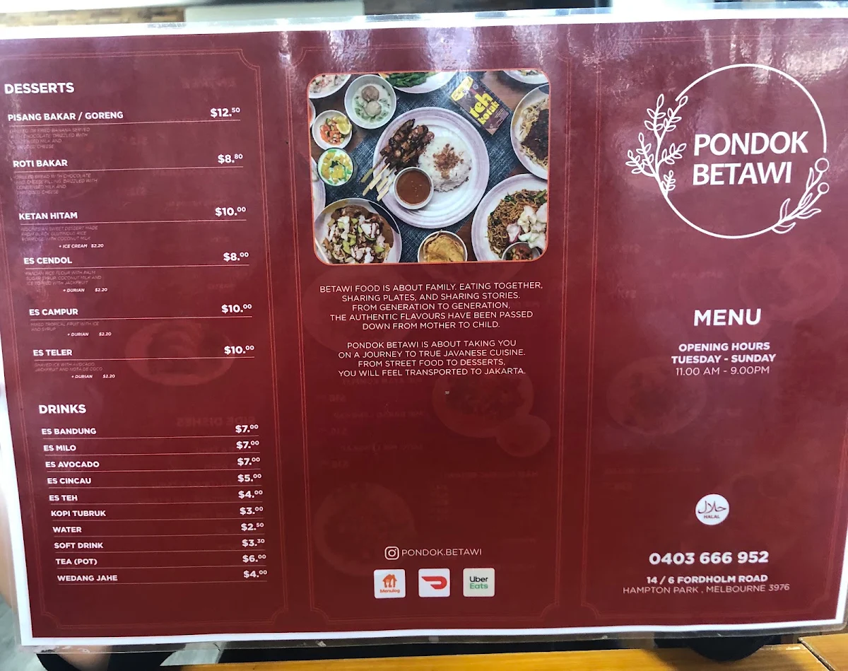 Menu, Pondok Betawi Indonesian Restaurant