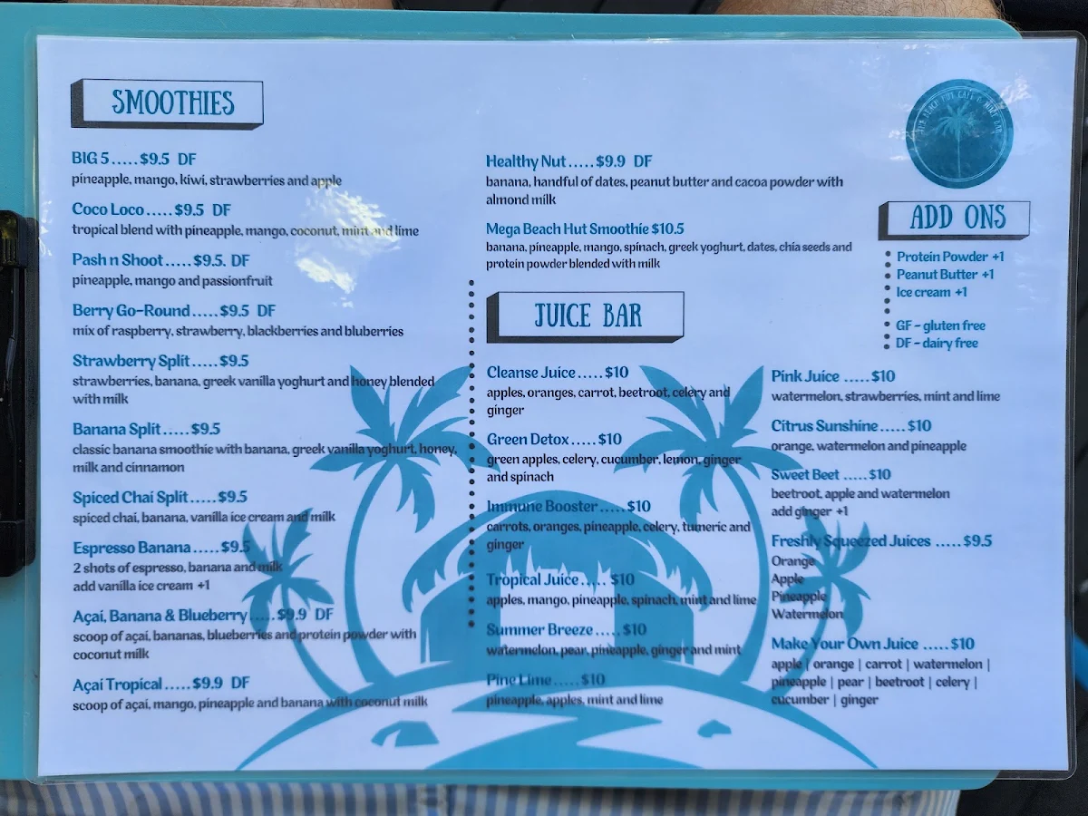 Menu, The Beach Hut Cafe & Juice Bar