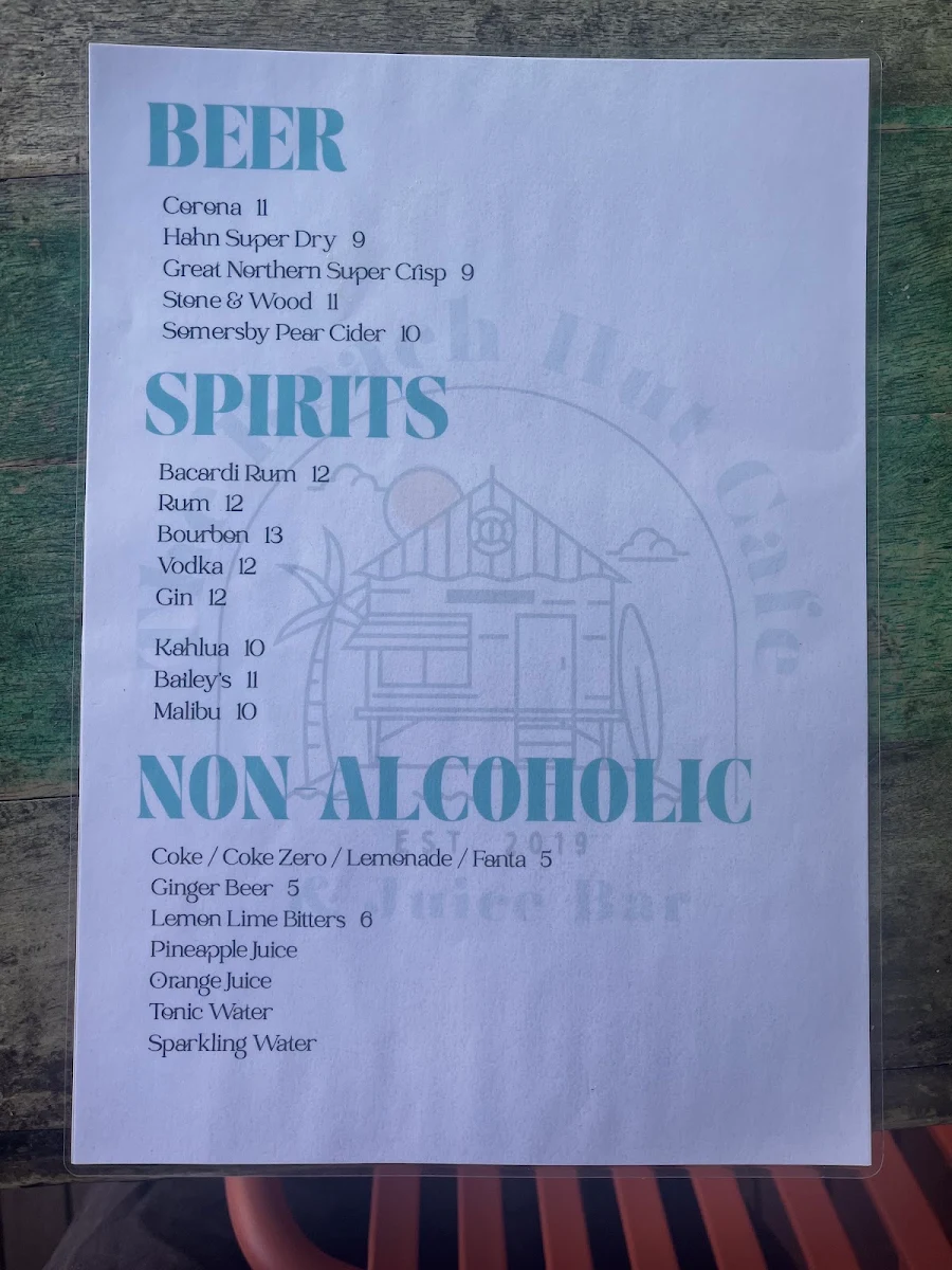 Menu, The Beach Hut Cafe & Juice Bar