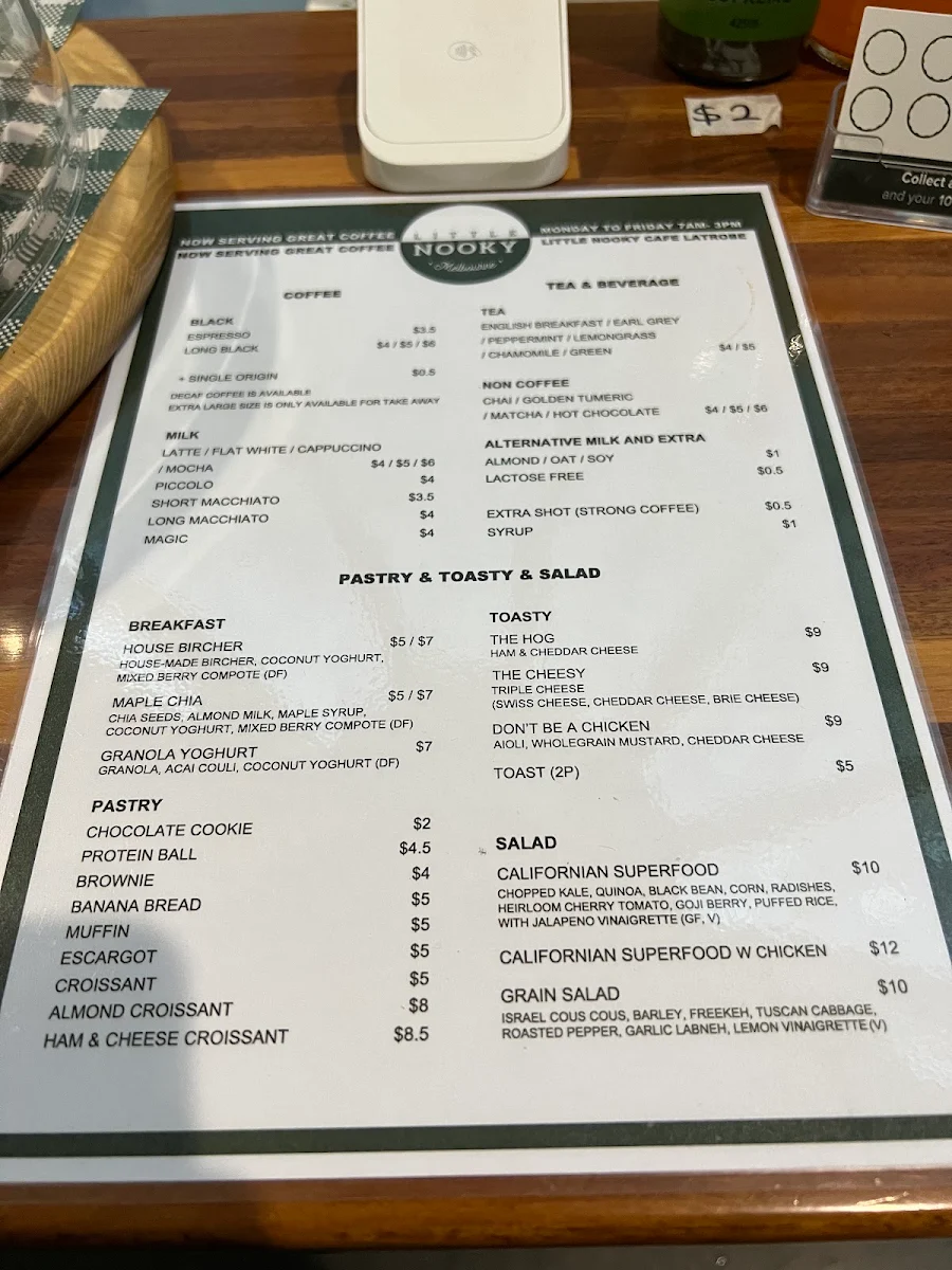 Menu, Little Nooky Cafe Melbourne