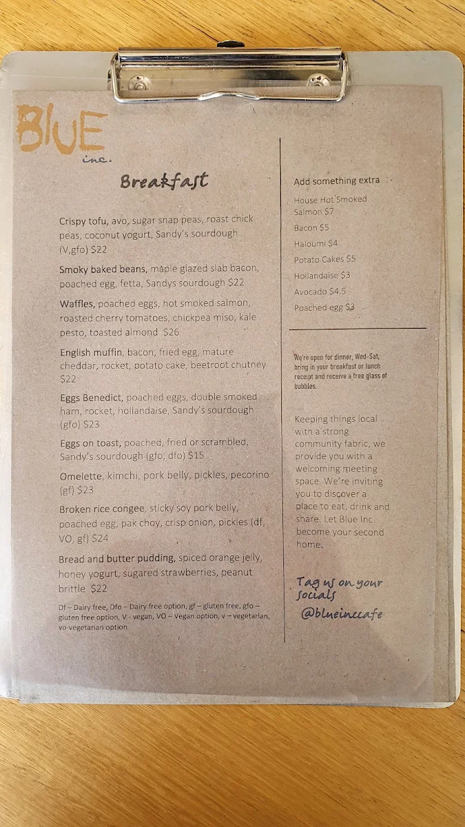 Menu, Blue Social Eatery Restaurant - Launceston
