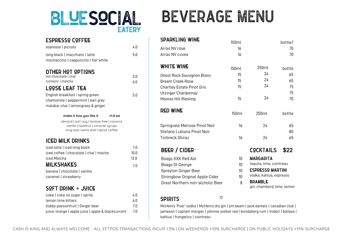 Menu, Blue Social Eatery Restaurant - Launceston