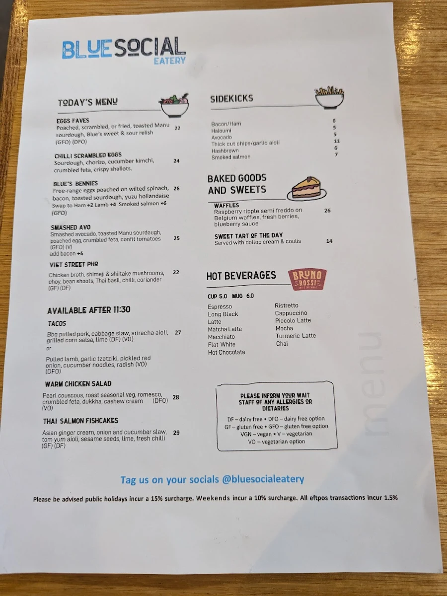 Menu, Blue Social Eatery Restaurant - Launceston