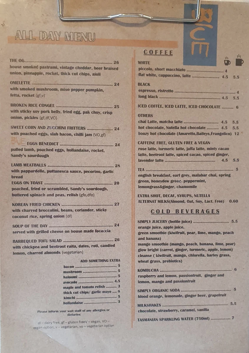 Menu, Blue Social Eatery Restaurant - Launceston