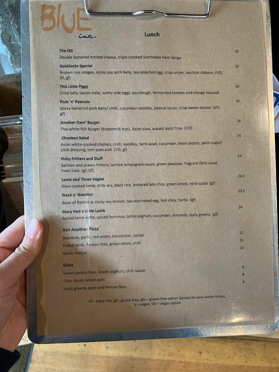 Menu, Blue Social Eatery Restaurant - Launceston