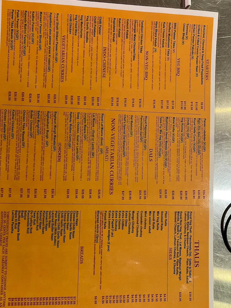Menu, Royal Rajputana