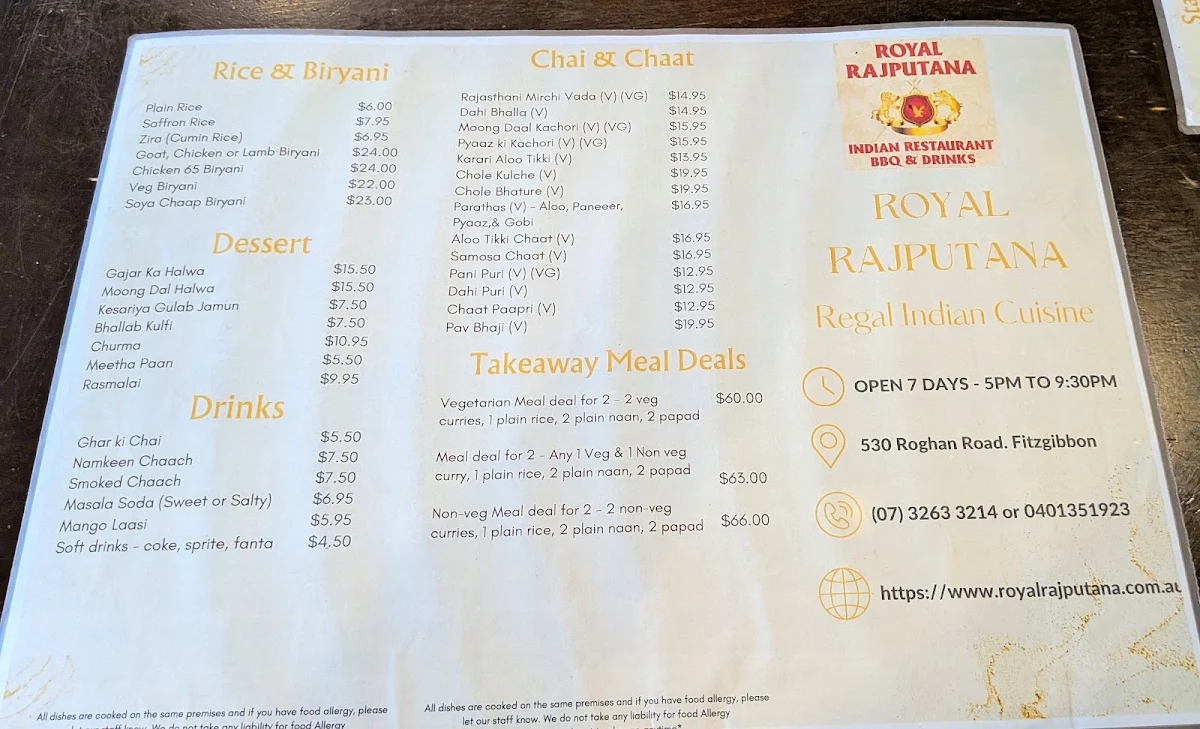 Menu, Royal Rajputana