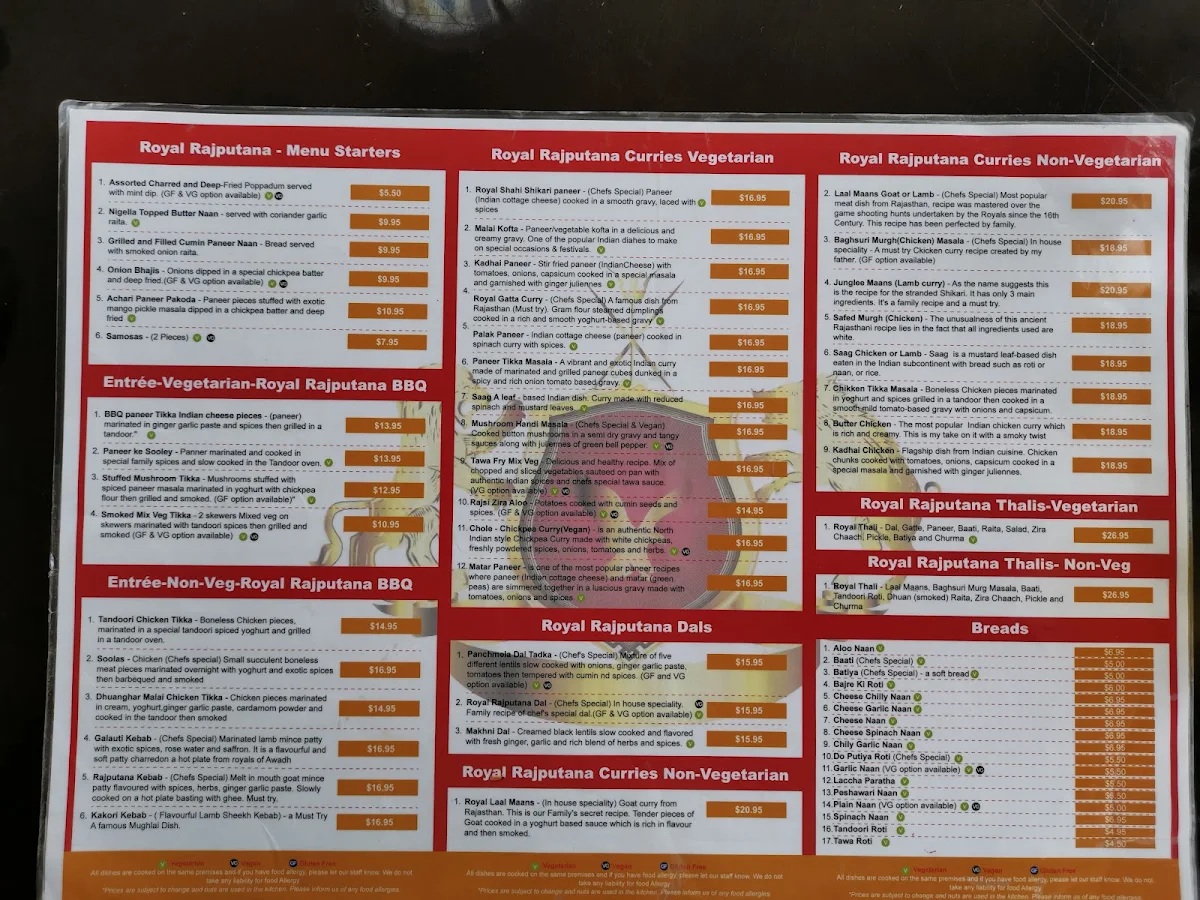 Menu, Royal Rajputana