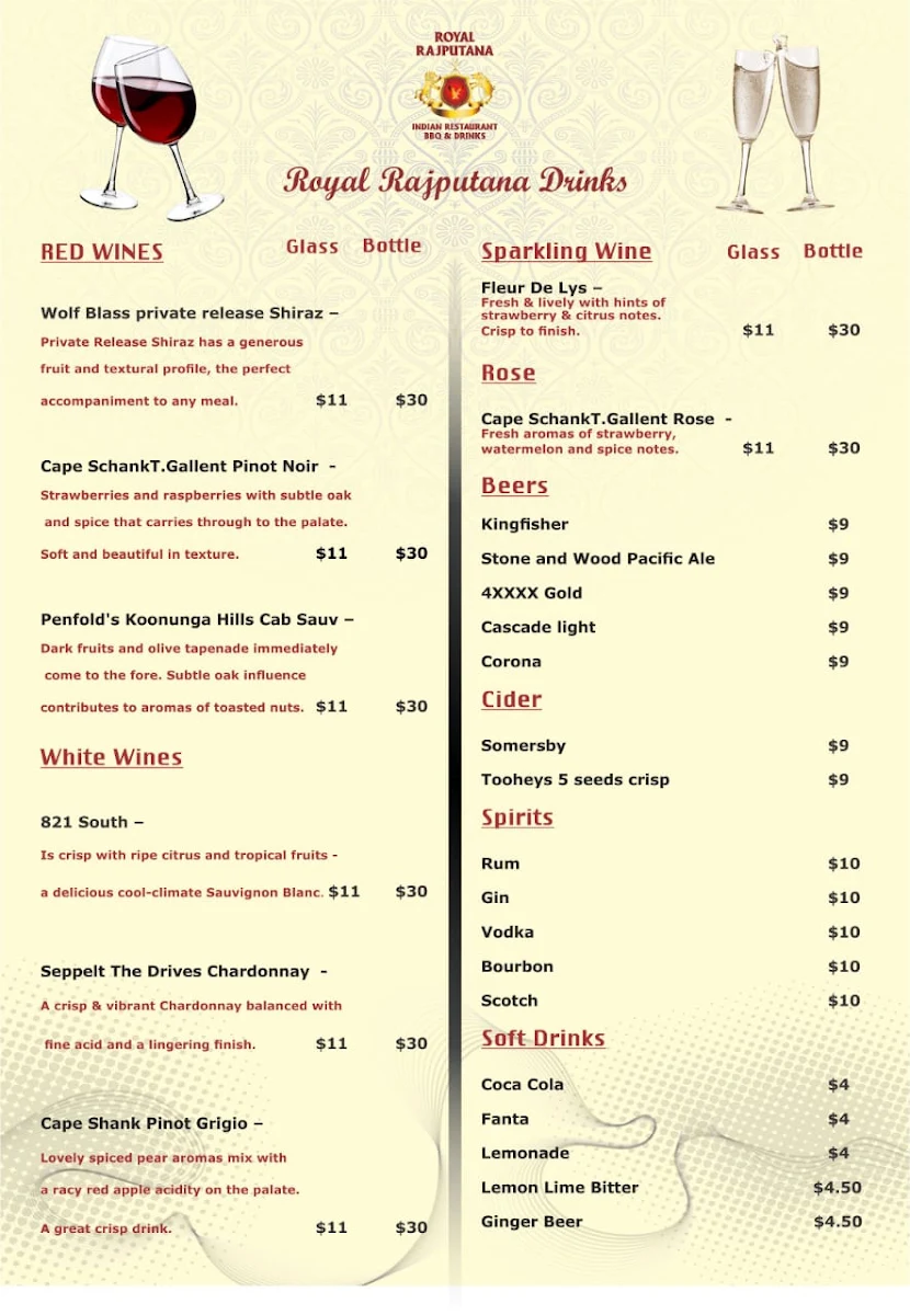 Menu, Royal Rajputana