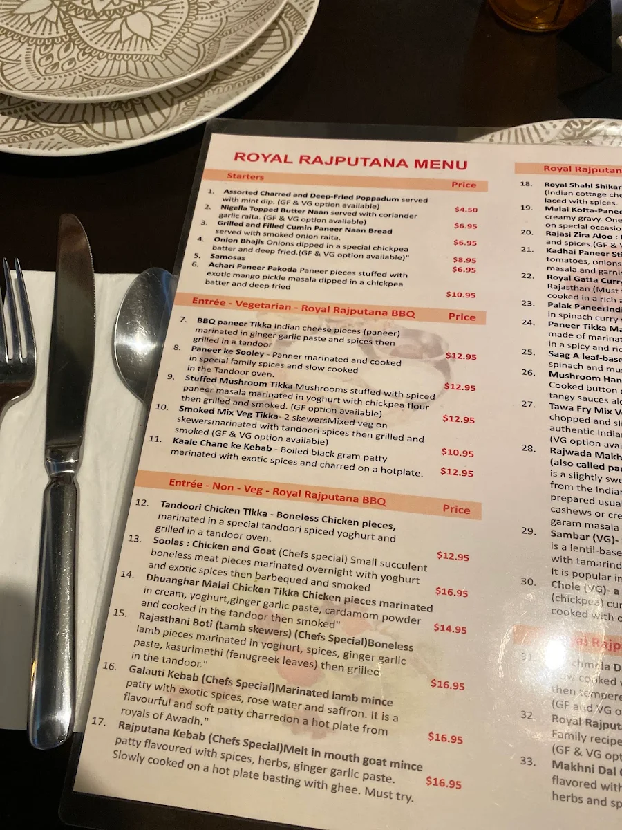 Menu, Royal Rajputana