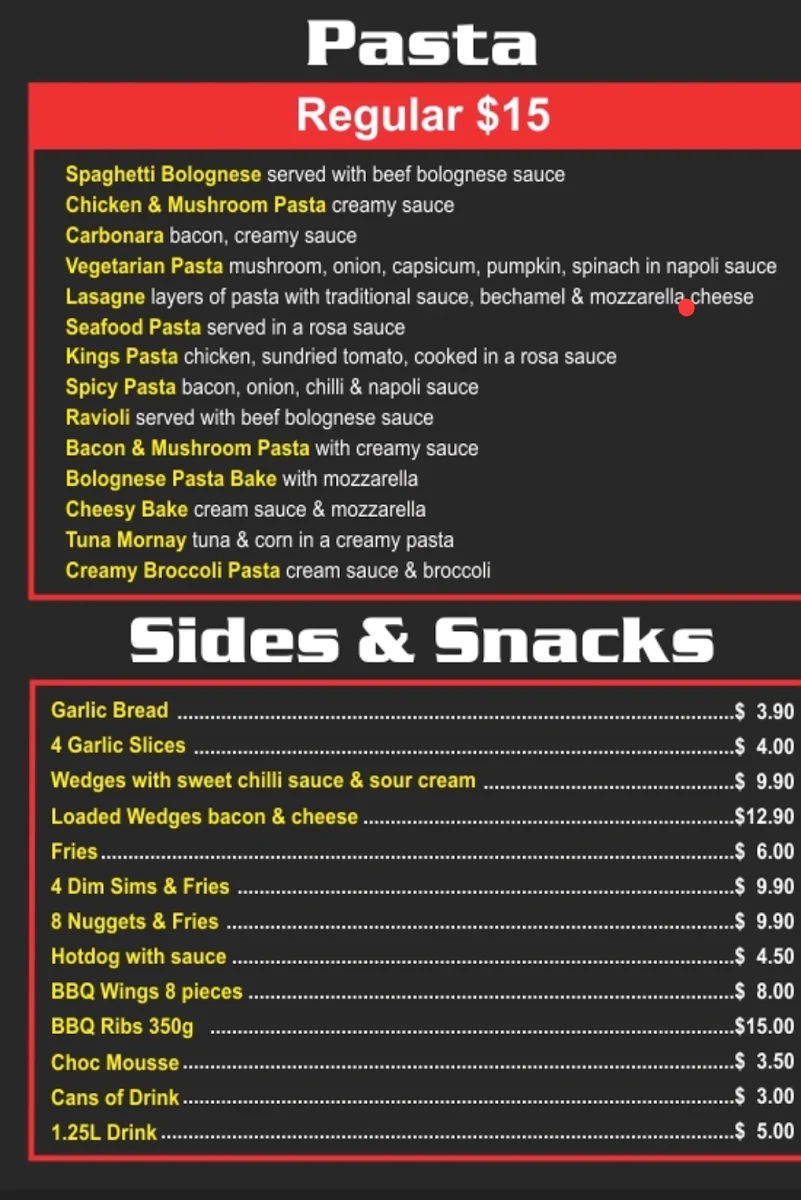 Menu, Pizza & Pasta King
