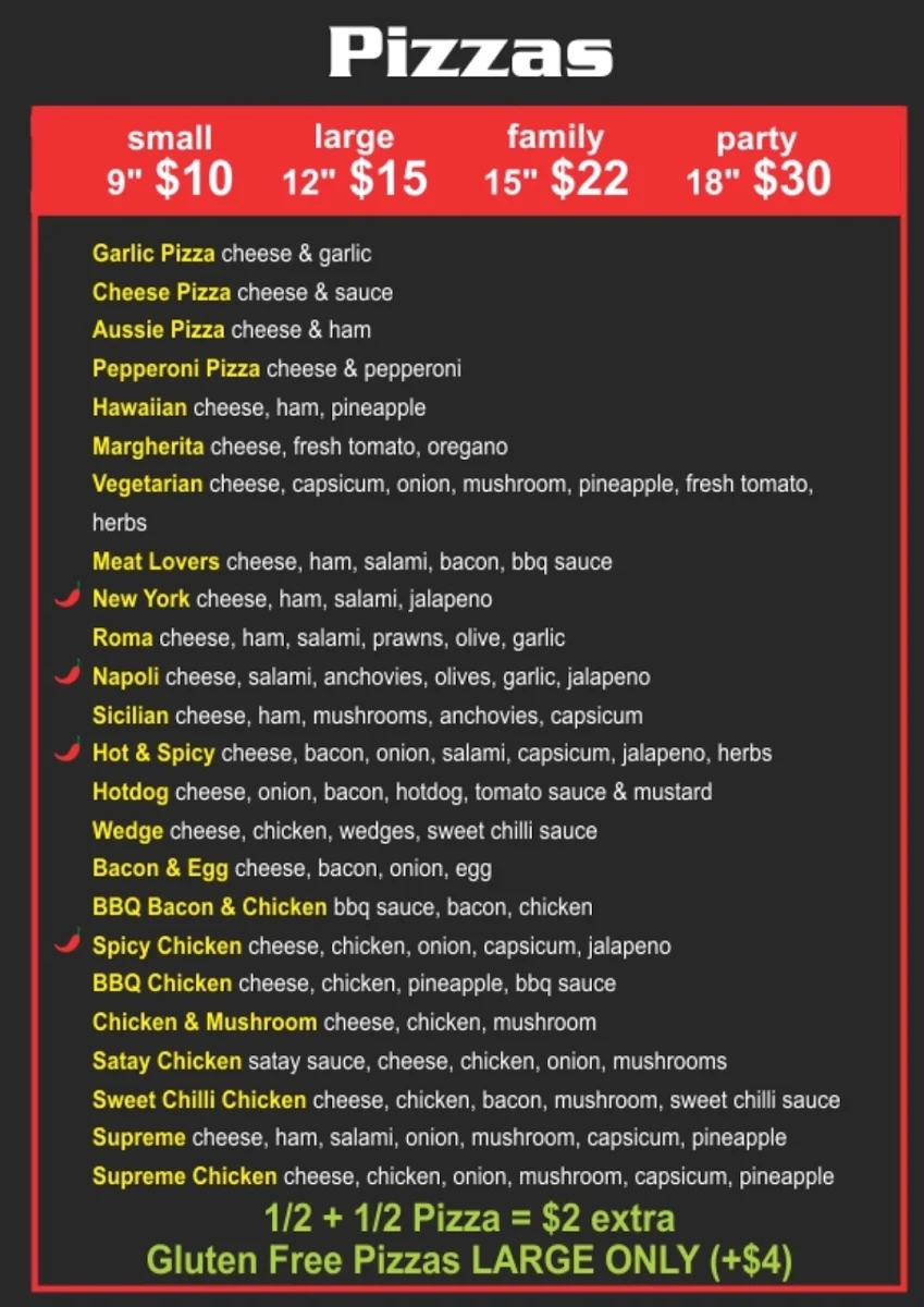 Menu, Pizza & Pasta King