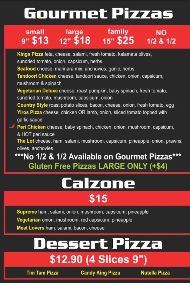 Menu, Pizza & Pasta King