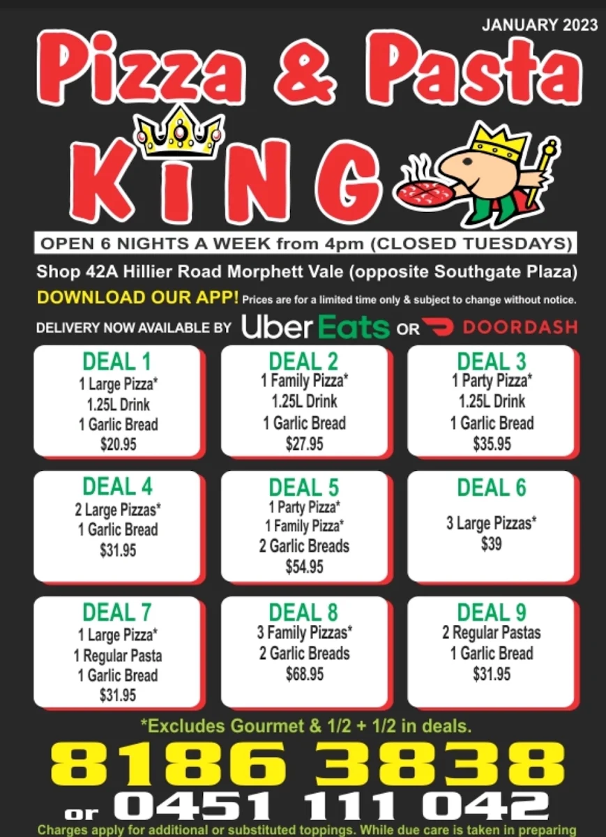 Menu, Pizza & Pasta King