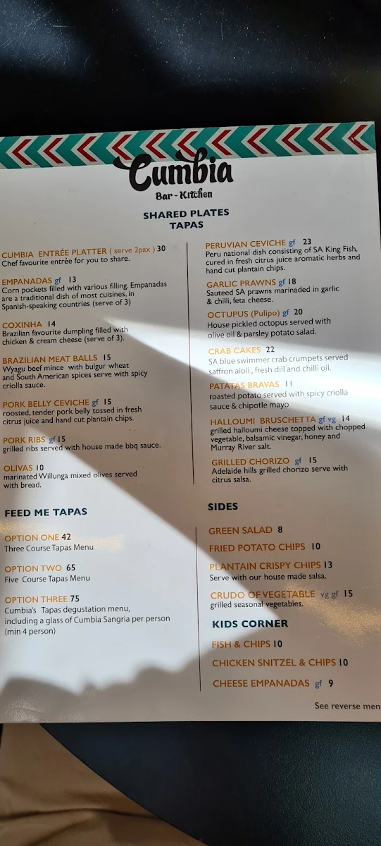 Menu, Cumbia Bar Kitchen