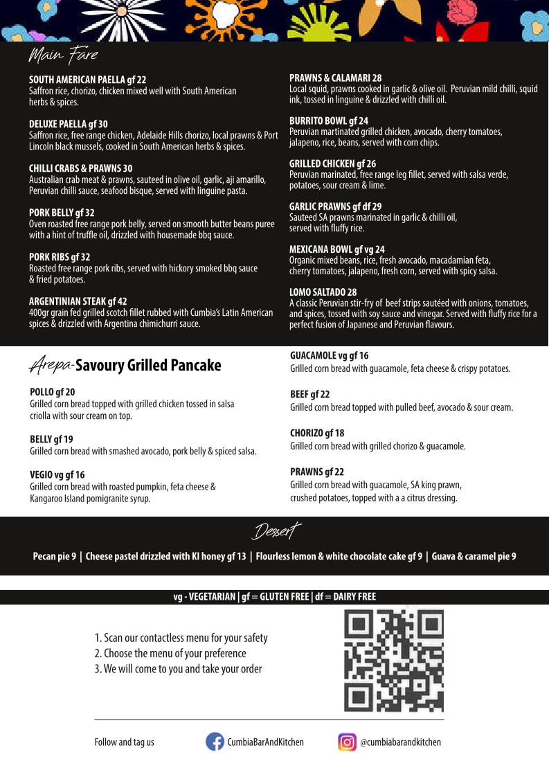 Menu, Cumbia Bar Kitchen