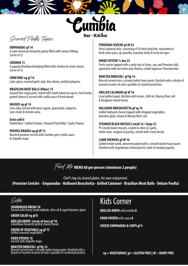 Menu, Cumbia Bar Kitchen