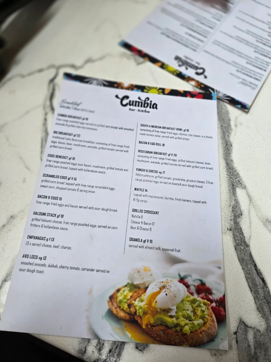 Menu, Cumbia Bar Kitchen